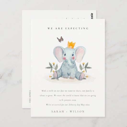 Carte Postale Bébé Faire-part d'éléphant en bois mignon (Devant / Derrière)