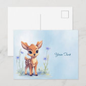 Carte postale bébé faon aquarelle fleurs bleues (Devant / Derrière)
