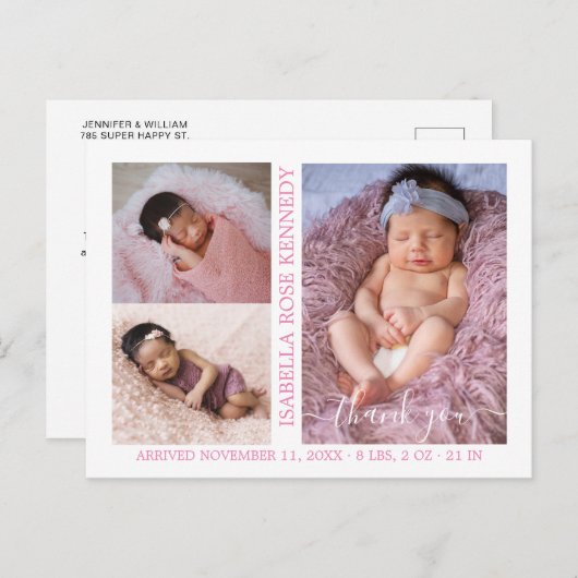 Carte Postale Bébé Fille Photo Collage Script Faire-part de nais (Devant / Derrière)