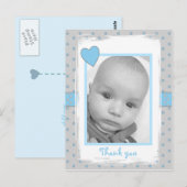 Carte Postale Bébé garçon photo merci pour le cadeau bleu et gri (Devant / Derrière)