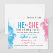 Carte Postale Bébé Genre Révéler Fumée Bombe Bleu et rose Fête (Devant / Derrière)