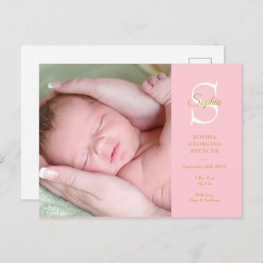 Carte Postale Bébé GirI Statistiques de naissance Monogramme Pho (Devant / Derrière)