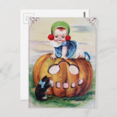 Carte Postale Bébé Halloween vintage sur Citrouille (Devant / Derrière)