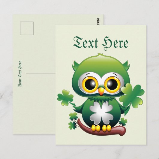 Carte Postale Bébé Hibou Mignon St Patrick Dessin Animé (Devant / Derrière)