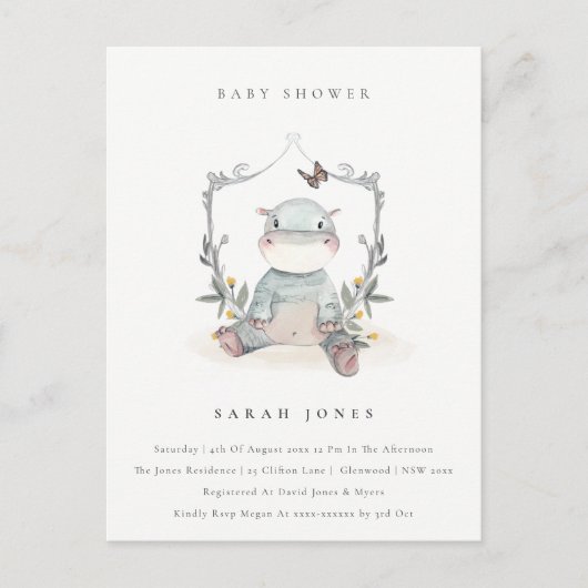 Carte Postale Bébé jaune mignon Hippo Baby shower de feuillage (Devant)