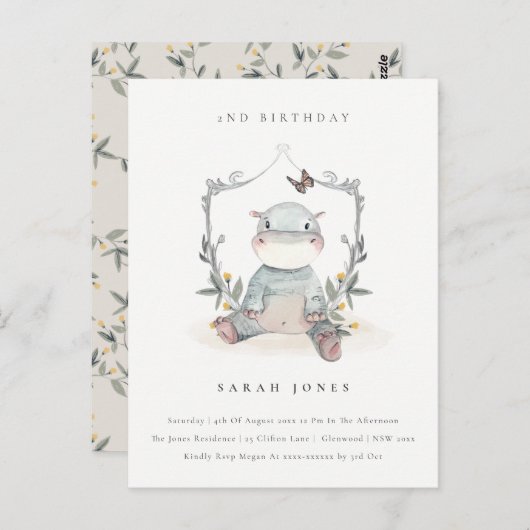 Carte Postale Bébé jaune mignon Hippo Foliage N'importe quel âge (Devant / Derrière)