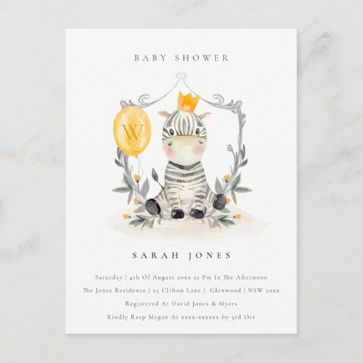 Carte Postale Bébé jaune mignon Zèbre Baby shower de feuillage (Devant)