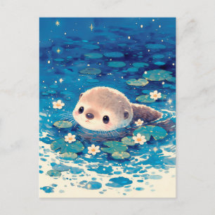 Carte Postale Bébé loutre mignonne nageant dans un étang sous un