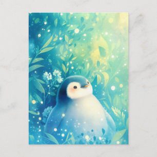 Carte Postale Bébé Manchot Mignon dans un Jardin de Fleurs Turqu