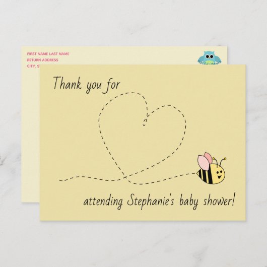 Carte Postale Bébé Merci de fille d'abeille (Devant / Derrière)