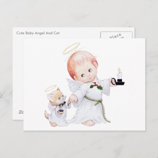 Carte Postale Bébé mignon Ange Et Chat (Devant / Derrière)