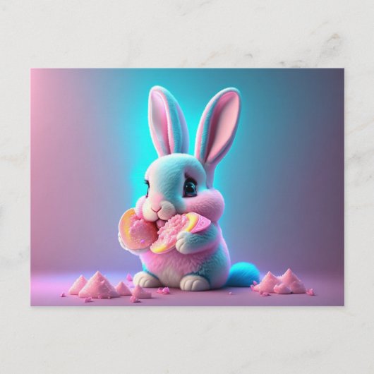 Carte Postale Bébé, mignon, caricature lapin rose bonbons manger (Devant)