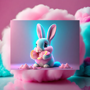 Carte Postale Bébé, mignon, caricature lapin rose bonbons manger