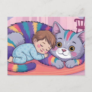 Carte Postale Bébé mignon dormant sur un énorme chat duveteux ar