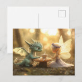 Carte Postale Bébé mignon Dragon et Fée Profitant du thé (Devant / Derrière)