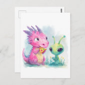 Carte Postale Bébé mignon Dragon Violet Manger Pizza Avec Alien (Devant / Derrière)