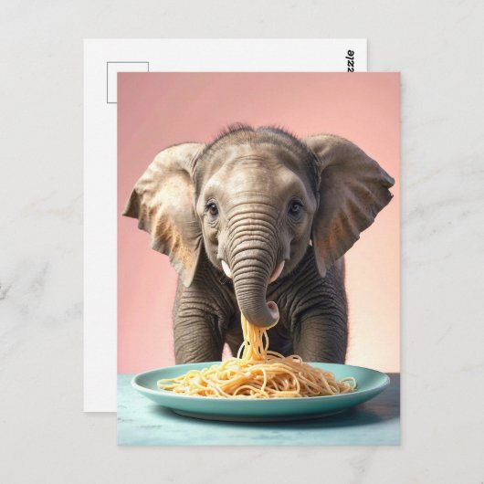 Carte Postale Bébé mignon Eléphant Manger Spaghetti (Devant / Derrière)