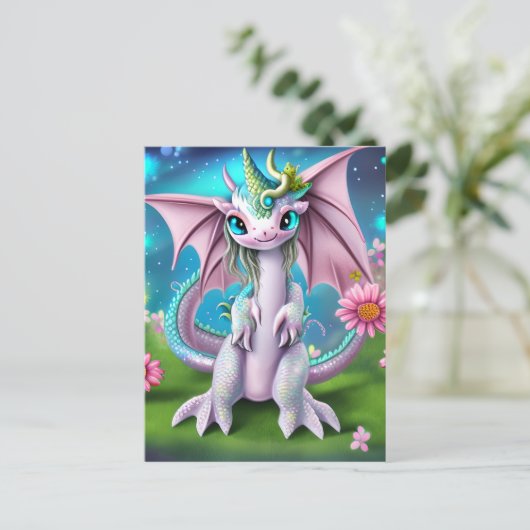 Carte Postale Bébé mignon et souriant Dragon aux fleurs (Debout devant)