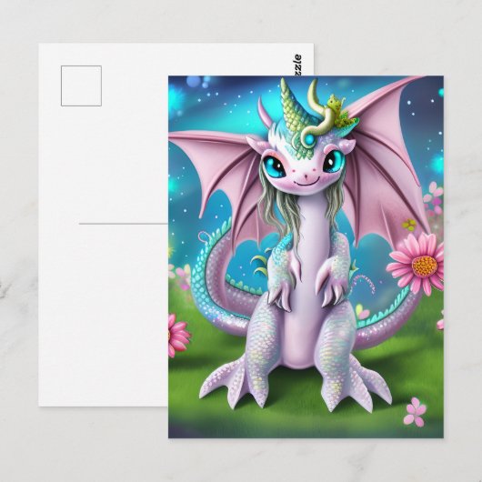 Carte Postale Bébé mignon et souriant Dragon aux fleurs (Devant / Derrière)
