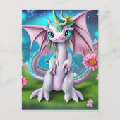 Carte Postale Bébé mignon et souriant Dragon aux fleurs (Devant)
