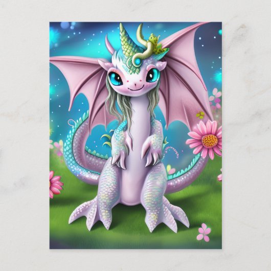 Carte Postale Bébé mignon et souriant Dragon aux fleurs (Devant)