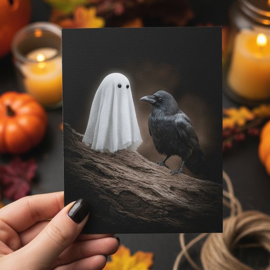 Carte Postale Bébé mignon fantôme et corbeau Halloween