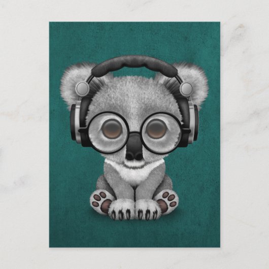 Carte Postale Bébé mignon Koala Ours Dj Portant un casque bleu (Devant)
