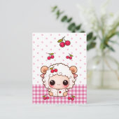 Carte Postale Bébé mignon mouton avec cerises kawaii (Debout devant)
