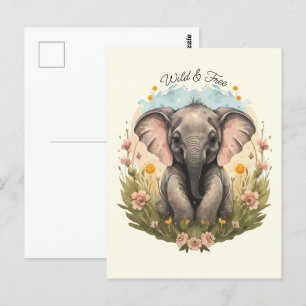 Carte Postale Bébé mou Eléphant Calf Fleur sauvage Wanderlust Po