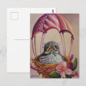 Carte Postale Bébé oiseau flambant rose Parachute Aquarelle Art (Devant / Derrière)