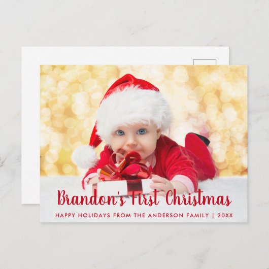 Carte Postale Bébé premier Noël Rouge Script photo (Devant / Derrière)