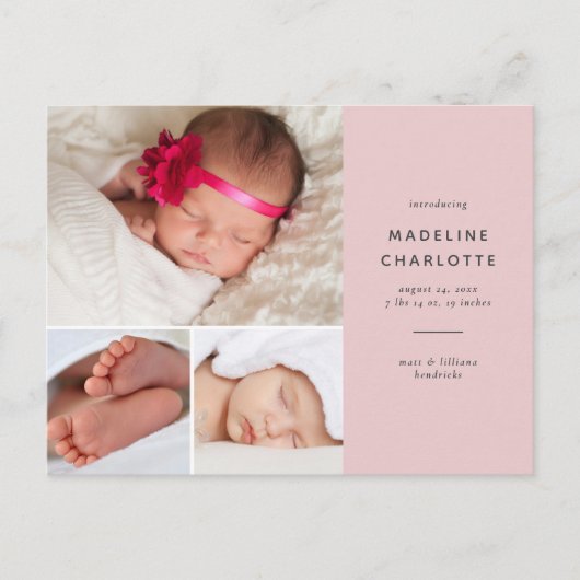 Carte Postale Bébé rose fille multi-photo nouveau-né Faire-part (Devant)