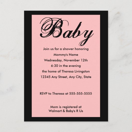 Carte Postale Bébé Script Baby shower Invitation rose (Devant)
