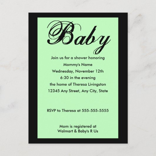 Carte Postale Bébé Script Baby shower Invitation Vert (Devant)