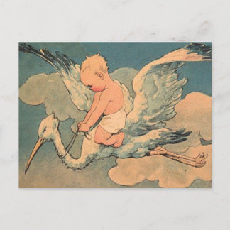 Carte Postale Bébé sur une cigogne