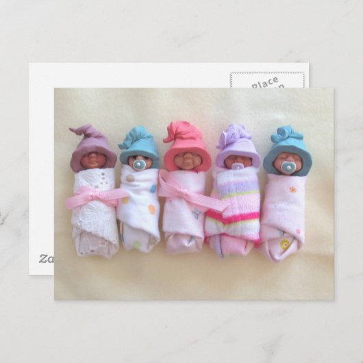 Carte Postale Bébés d'argile, Casquettes d'elfes, Dormir, Swaddl (Devant / Derrière)