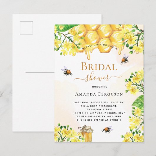 Carte Postale Bee Bridal douche fleurons jaunes mignonette invit (Devant / Derrière)