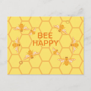 Carte Postale Bee Happy miel abeilles sur nid d'abeille jaune