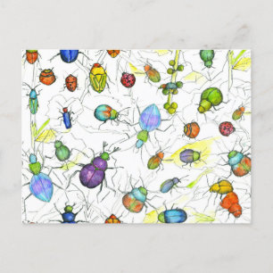 Carte Postale Beetles Bugs Insectes Crawling Feuille Twigs