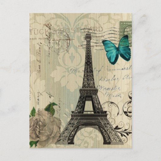 Carte Postale beige Damas papillon rose Paris Tour Eiffel (Devant)