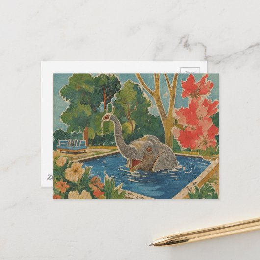 Carte Postale Bel éléphant dans la piscine (Devant/Arrière en situation)