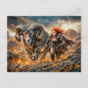 Carte Postale Bélier Zodiaque avec Guerrier et Bélier Chargeant