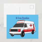 Carte Postale Belle ambulance rouge caricature van (Devant / Derrière)