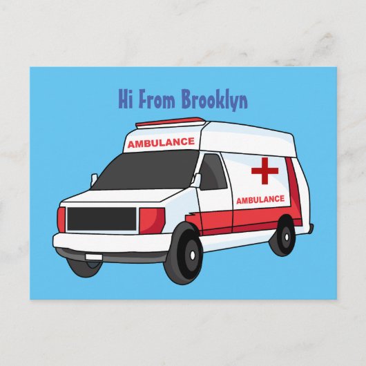 Carte Postale Belle ambulance rouge caricature van (Devant)