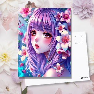 Carte Postale Belle Anime Girl avec cheveux pourpres