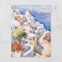 CARTE POSTALE Belle aquarelle de Santorin Grèce