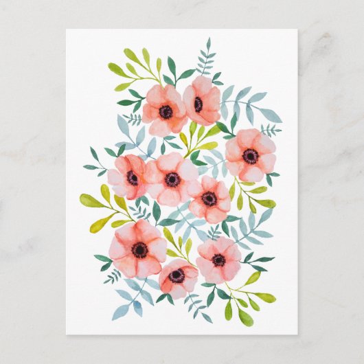 Carte Postale Belle Aquarelle Florale Fleurs roses (Devant)