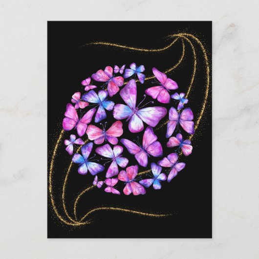 Carte Postale Belle Aquarelle Papillons avec Boule d'Or (Devant)