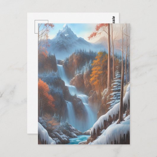 Carte Postale Belle cascade dans une forêt de neige (Devant / Derrière)