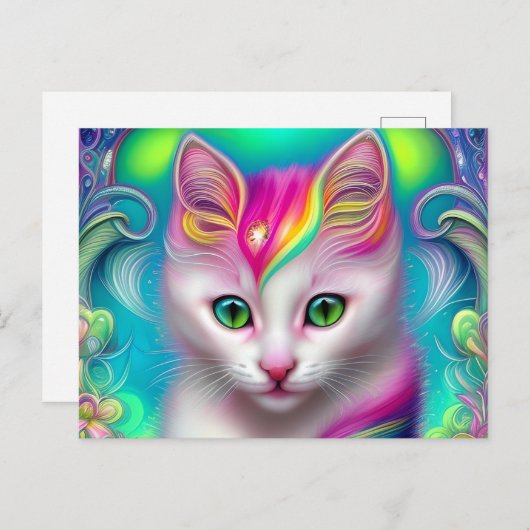 Carte Postale Belle Chat Bébé Fluffy Blanc (Devant / Derrière)